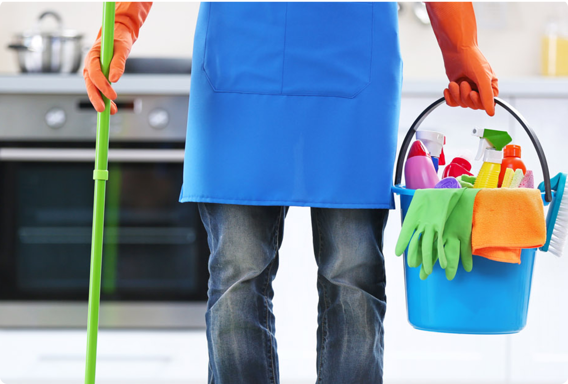 Sanitization worker with cleaning supplies